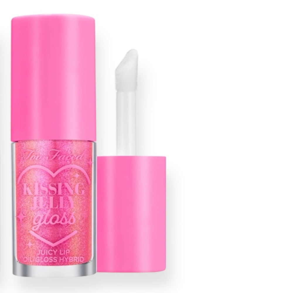Too Faced Kissing Jelly Lip Oil Gloss in Bubblegum Pink with Gold Glitter